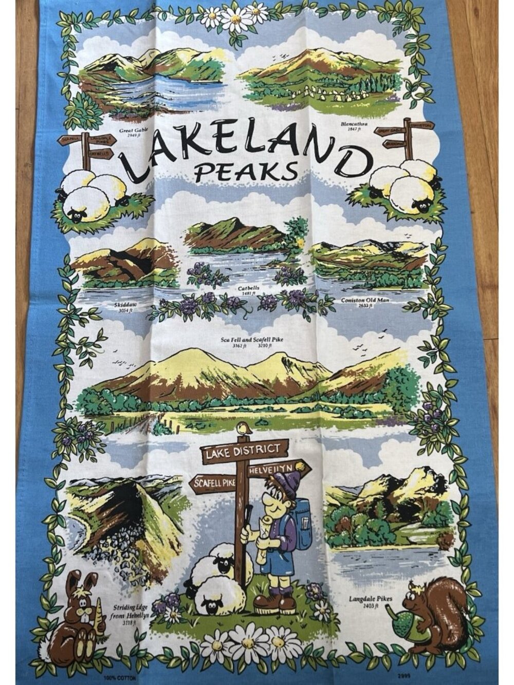 Vintage Lakeland Peaks Lake District Linen Tea Towel 100% Cotton Britain England